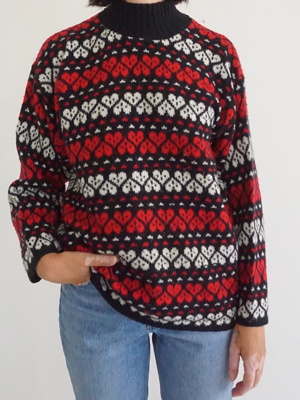 Vintage American Pride Black Red Ivory Heart Fair Isle Nordic Geometric SweaterL